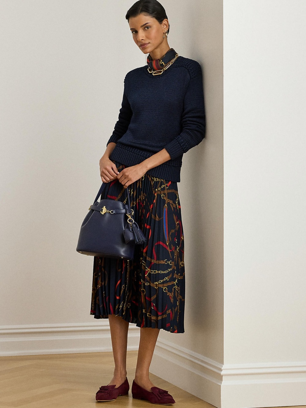 Lauren Ralph Lauren Navy Georgette Pleated Midi Skirt 🏆